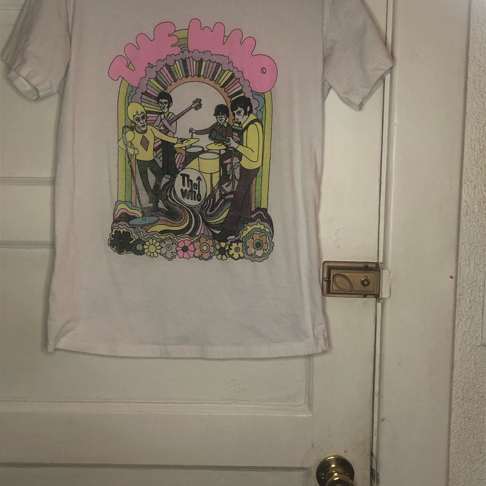 White Short Sleeve Graphic Tee with Multicolor Band Art